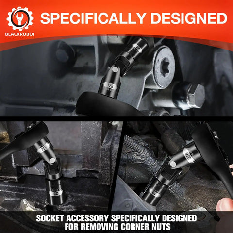 Universal Joint Socket Adapter Set Three Piece One Half Inch Three Eighth Inch One Quarter Inch Drives For Tight Access Swivel CRV Steel Mechanic Tools Ratchet And Torque Wrench Compatible Reach Fasteners At Any Angle installed in machinery
