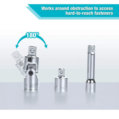 22 Piece Drive Tool Accessory Set With One Quarter Inch, Three Eighths Inch, And One Half Inch Extension Bars Spark Plug Sockets Universal Joints Socket Adapters And Cr V Steel Tools In An EVA Foam Case Built Tough For Pros, including 180-degree pivot joint and extension bars displayed.