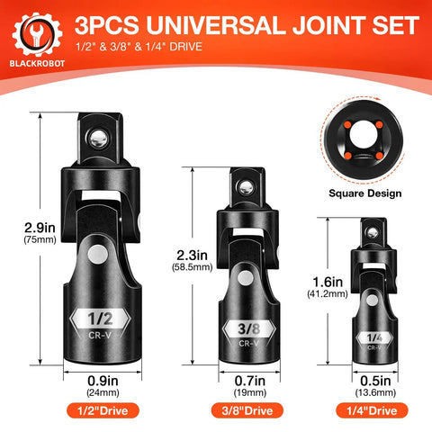 Universal Joint Socket Adapter Set Three Piece One Half Inch Three Eighth Inch One Quarter Inch Drives For Tight Access Swivel CRV Steel Mechanic Tools Ratchet And Torque Wrench Compatible Reach Fasteners At Any Angle shown with measurements and square design.