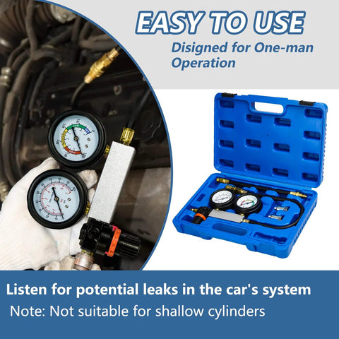 Bicos cylinder leak-down tester kit with dual gauges and hoses in a blue case; close-up view.