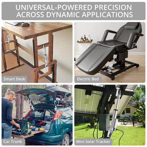 Justech 12V linear actuator, 160LBS, 100mm stroke; collage of smart desk, electric bed, car trunk, solar tracker.