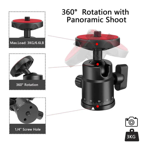 Universal Quarter Inch Swivel Mini Ball Head Tripod Mount With Hot Shoe Attachment for DSLR Cameras shown with 360-degree rotation feature.