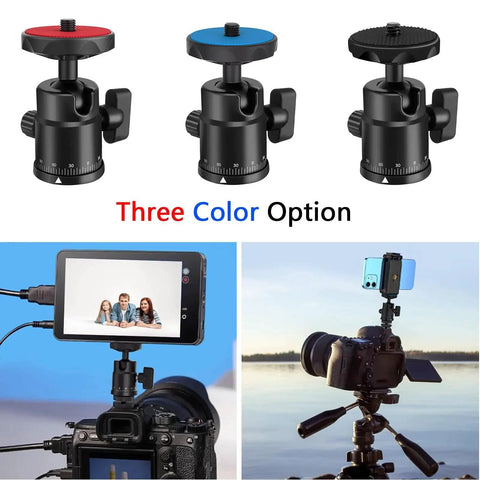 Universal Quarter Inch Swivel Mini Ball Head Tripod Mount With Hot Shoe Attachment in three colors, shown mounted on DSLR camera with accessories.