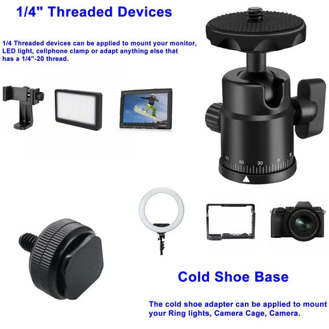 Universal Quarter Inch Swivel Mini Ball Head Tripod Mount With Hot Shoe Attachment, shown with 1/4-inch threaded devices and cold shoe base.