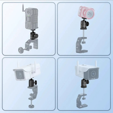 Universal Mini Tripod Ball Head With One Quarter Inch Screw In Stainless Steel And Aluminum Alloy 360 Degree Pan And Ninety Degree Tilt Quick Lock Knob Mount Base Adapter Compatible With ATL3500 ATL4500 And ATL330 Camera Monopods Camcorders And Lights displaying various camera setups.