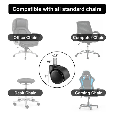5 Pack 2 Inch Office Chair Caster Wheels With Quiet Rubber Rolling Casters shown with compatible office chairs and dimensions.