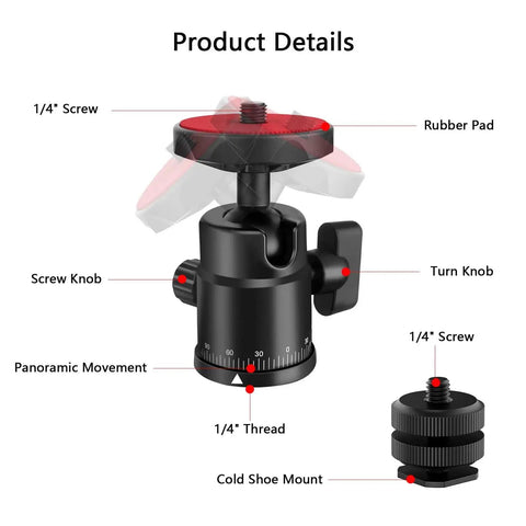Universal Quarter Inch Swivel Mini Ball Head Tripod Mount With Hot Shoe Attachment, labeled parts, 360° panoramic rotating base.