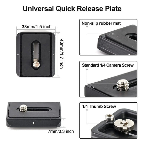 Universal quick release plate with 1/4 inch thumb screw, non-slip rubber mat, and 43mm x 38mm dimensions.