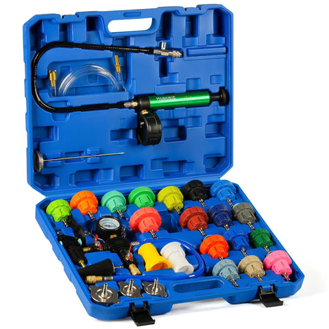Amazon Universal 28pc radiator pressure tester kit in blue case with gauge, vacuum pump and assorted colored caps
