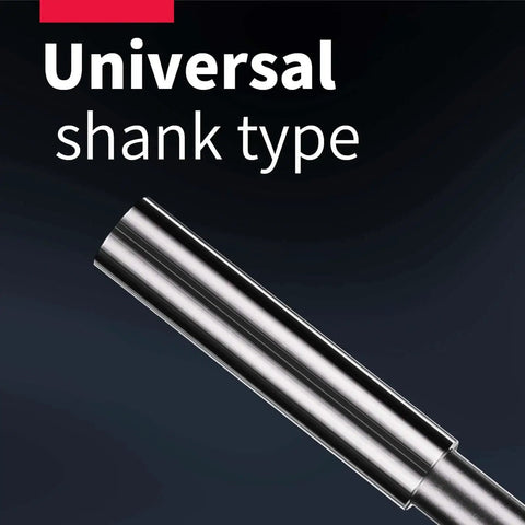 Close-up of 6.4mm chucking reamer with universal shank type, 93mm overall length, for precision lathe work, HSS material.