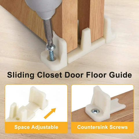 20 Pcs Sliding Closet Door Floor Guide For Bypass Doors Fits 3/4 To 1-3/8 Inch Thick Doors Universal Adjustable Sliding Door Hardware Durable Nylon Floor Guides For Cabinet And Closet Doors showing installed guide with adjustable space and countersink screws