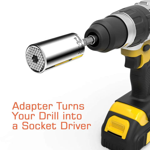 Universal Self Adjusting Socket Set Fits Standard One Quarter To Three Quarters Inch And Metric Seven Millimeter To Nineteen Millimeter attached to power drill