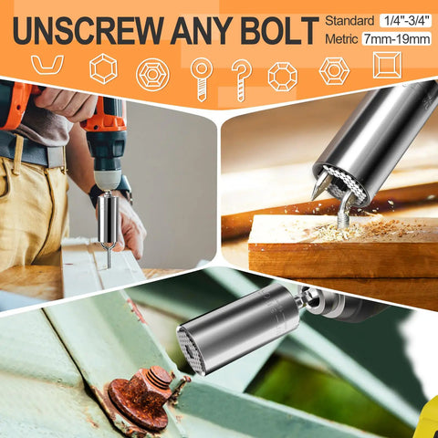 Universal Socket Tool Set For Men Gifts For Dad Husband Grandpa Stepdad With Power Drill Adapter Adjustable Grip in use on various bolts