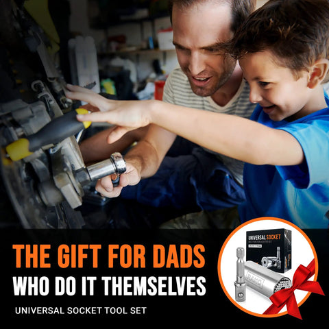 Father and son using must have universal socket wrench set with self adjusting gator grip 7 to 19mm for automotive repair