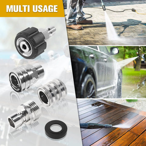 Pressure washer quick-connect adapter kit, stainless steel fittings, 8 sets with M22-14 & 15mm swivels to 3/8 in QC and 3/4 in to 1/2 in QR.