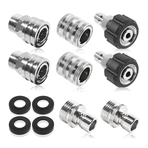 Eight stainless steel pressure washer quick-connect adapters with M22-14/15mm swivels to 3/8 in QC and 3/4–1/2 in QR.
