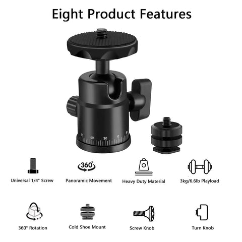 Universal Quarter Inch Swivel Mini Ball Head Tripod Mount With Hot Shoe Attachment showing features and rotating base.