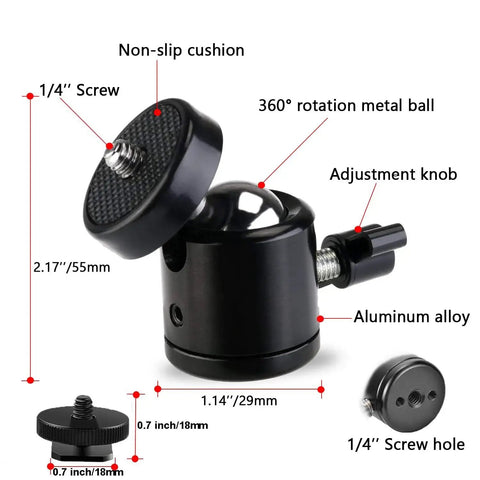 Diagram of Universal 1/4 Inch Swivel Mini Ball Head Mount With Hot Shoe Adapter showing dimensions 2.17'' height, metal ball, and adjustment knob.