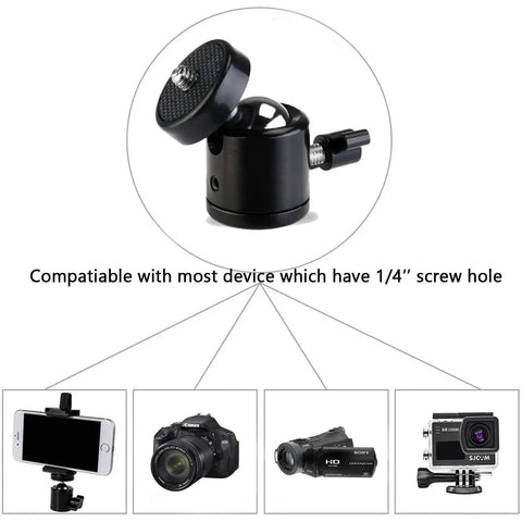 Universal 1/4 Inch Swivel Mini Ball Head Mount With Hot Shoe Adapter For Cameras And More shown with compatible devices