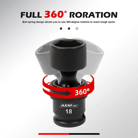 Three Eighths Inch Drive Universal Impact Socket Set, AKM TOOL, 20 Piece With 360 Degree Rotating Universal Joint, featuring swivel 6 point.