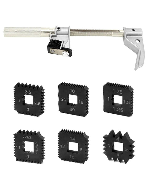 Heavy Duty Universal Outside Thread Chaser Tool For One And One Quarter To Five Inch OD, Die Cast Alloy With Silver Anodized Finish, Repairs Damaged Threads And Restores Them Fast, Ideal For Automotive Machinery And DIY Thread Repair, One Set, with various die sizes