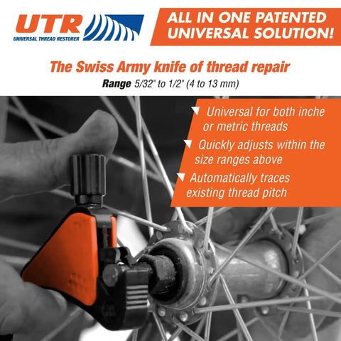 Go To Universal Thread Restorer Tool External Thread Repair Kit used on a bike wheel, showing tool adjustment feature and application.