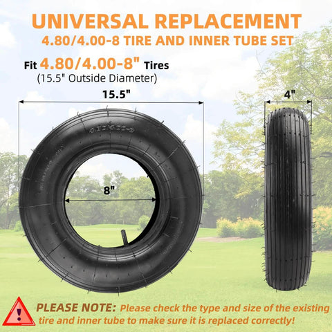 ✝️ (1-set) 4.80/4.00-8" tire and inner tube set, universal replacement pneumatic tires, 15.5-inch wheels, diagram showing dimensions