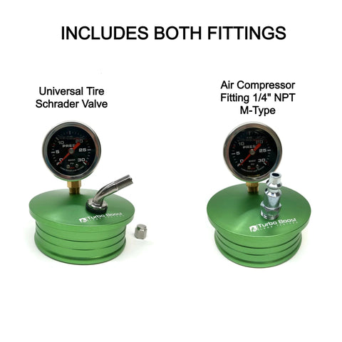 Two green aluminum boost leak testers with gauges; left Schrader valve, right 1/4" NPT M-type air fitting.