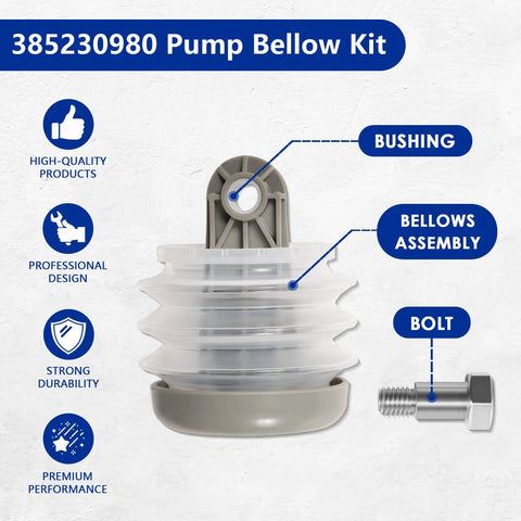 Pump Bellows Kit 385230980 for toilet pump; includes bellows, bushing and bolt; fits Dometic/Sealand and Vacuflush pumps.