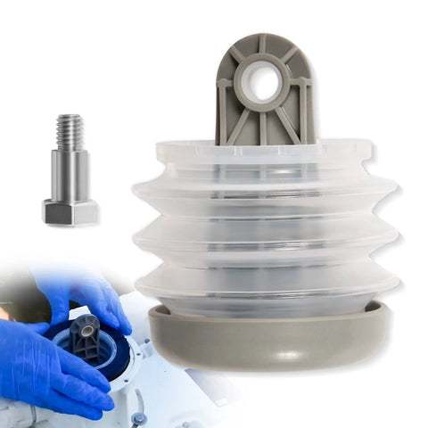 Toilet pump bellows kit with transparent ribbed bellows and gray mounting bracket; includes bolt and nut (front view)