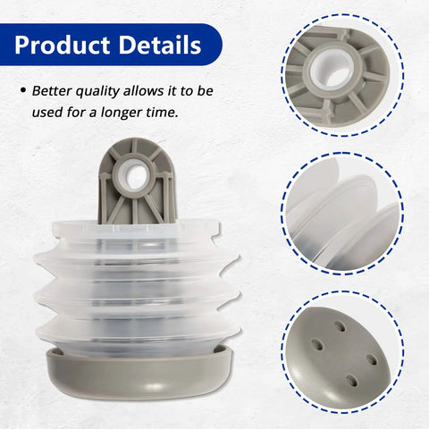 Toilet pump bellows kit with gray mounting hub and clear accordion bellows; includes bushing and bolt