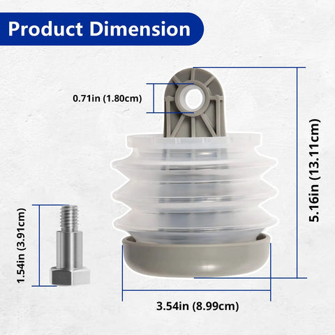 Toilet pump bellows kit; white flexible bellows with gray mounting head, 5.6 in tall, includes bolt and bushing.