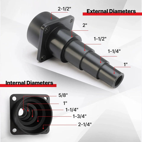 Universal Tool Adapters 2 Pack For Wet And Dry Vacuums Connect Hoses To Tools With 2-1/2 inch diameter hose, black material.