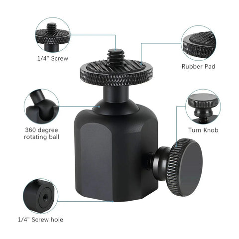 Universal Tripod Ball Head With One Quarter Inch Thread Mount, shown with 360 degree rotation and 90 degree tilt components.