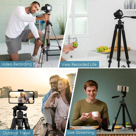 Universal Tripod Ball Head With One Quarter Inch Thread Mount used for video recording, live streaming, outdoor travel, and home setup.