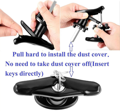 Universal Truck Cap T Handle Lock Complete Set for Toppers Camper Shells and Tonneau Covers Includes Two T Handles Dust Covers Cam Plates Spacers Steel Cams and Four Keys Key Alike for Left and Right, showing lock installation.