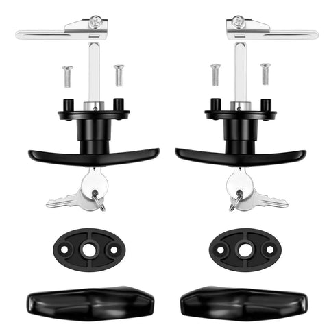 Universal Truck Cap T Handle Lock Complete Set for Toppers Camper Shells and Tonneau Covers Includes Two T Handles Dust Covers Cam Plates Spacers Steel Cams and Four Keys Key Alike for Left and Right