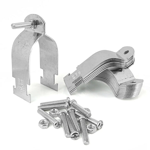 Ten-piece universal tube clamps deliver secure, corrosion-resistant support for Unistrut channels; 2 inch wall mount conduits, bolts and nuts included