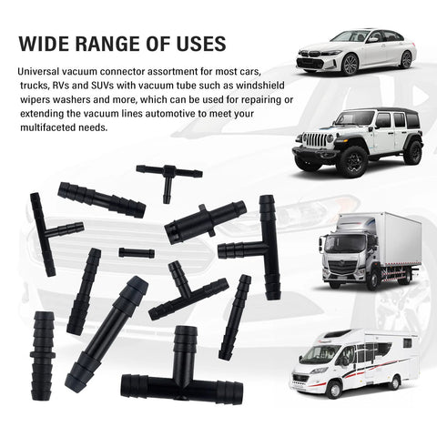 64-piece silicone vacuum hose connector set with heat-resistant black fittings for automotive vacuum lines.