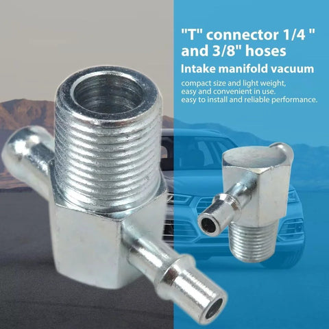 Vacuum T-fitting for intake manifold; steel zinc, 3/8 in NPT thread, 1/4 in and 3/8 in nipples, front view.