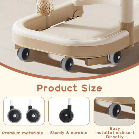 4 Pack Universal Walker Replacement Wheels installed on stroller, showcasing black plastic casters with 360 degree swivel for easy mobility.