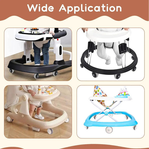 Image showing wide application of 4 Pack Universal Walker Replacement Wheels For Strollers And Learning Walkers, various models shown.