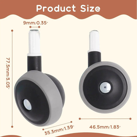 Product dimensions for 4 Pack Universal Walker Replacement Wheels, black plastic casters with 360 degree swivel, easy install details.
