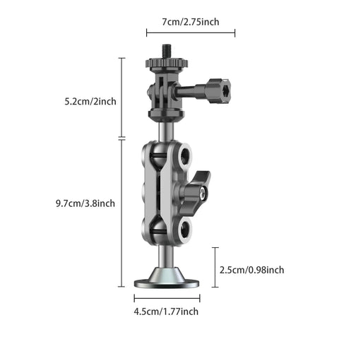 Universal Wall Mount Bracket With Adjustable Metal Arm For Action Cameras And Smartphones, side view showing measurements and dual ball head