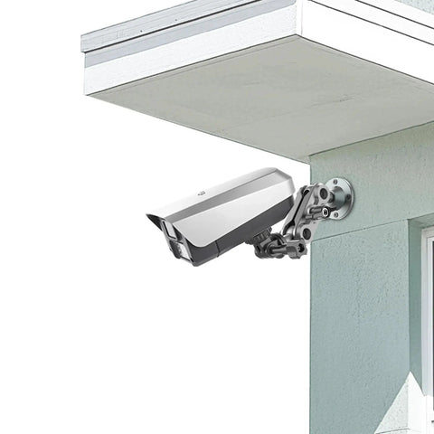 Universal Wall Mount Bracket With Adjustable Metal Arm for action cameras and smartphones installed under eave, showing dual ball head design.