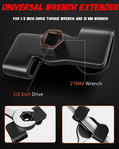 Close-up of the Universal Wrench Extender for 1/2 inch drive and 21mm wrench, showcasing heavy-duty design and compatibility with QuickWolf wrenches.