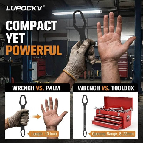 Self Adjusting Universal Wrench Set Double End Tool 8 To 22 Millimeters Multi Size For Automotive Repairs Heavy Duty Grip Spanner Hand Tool Kit Ideal For Mechanics And Do It Yourself Home Repairs next to toolbox and hands showing 10 inch length and range.