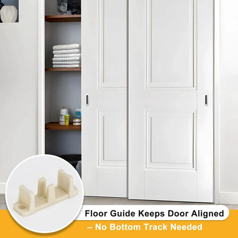 20 Pcs Sliding Closet Door Floor Guide For Bypass Doors Fits 3/4 To 1-3/8 Inch Thick Doors Universal Adjustable Sliding Door Hardware Durable Nylon Floor Guides For Cabinet And Closet Doors shown installed at the base of a white closet door.