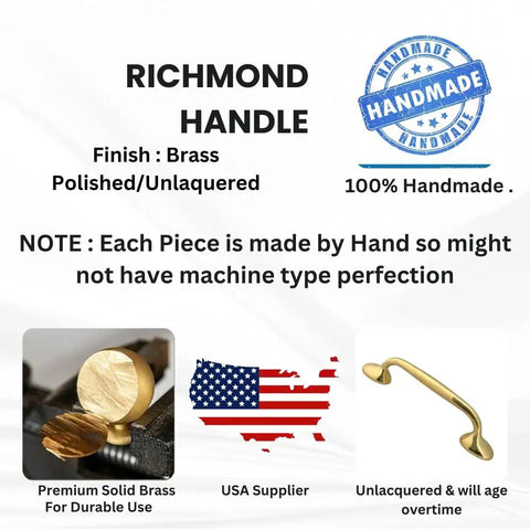 Richmond Unlacquered Brass Cabinet Pulls And Solid Brass Drawer Handles For Kitchen Cabinets And Furniture With Screws Included Handmade Heavy Duty Vintage Hardware 10 Inch Ideal For Rustic Or Modern Decor information card with handmade stamp and USA map.