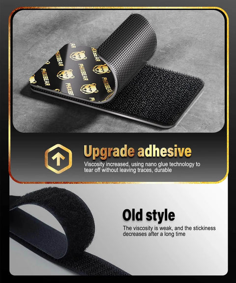 Industrial Strength Hook And Loop Strips With Ultra Sticky Super Adhesive Backing, Heavy Duty Velcro Tape Pack, showing adhesive improvement comparison